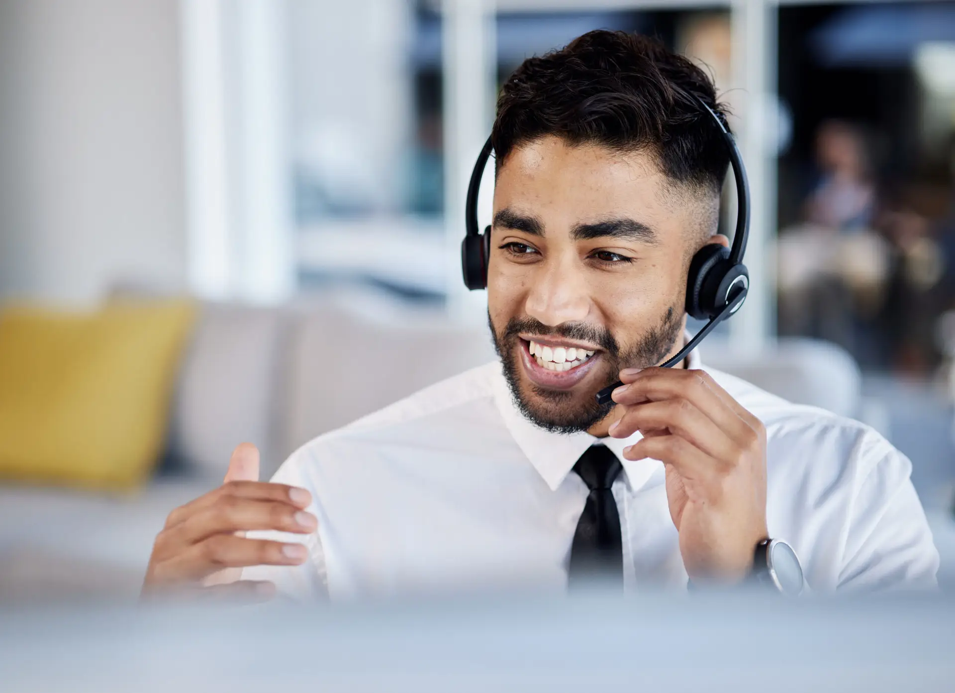 call center telemarketing man with customer service communication crm with headphones male person happy consultant agent with headset professional tech support with telecom sales